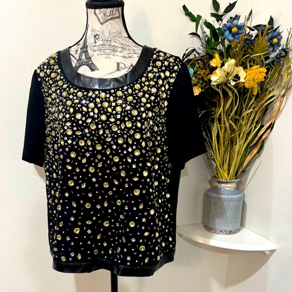 Doncaster Tops - Doncaster Black and Yellow Embellished Blouse with faux leather trim size Large
